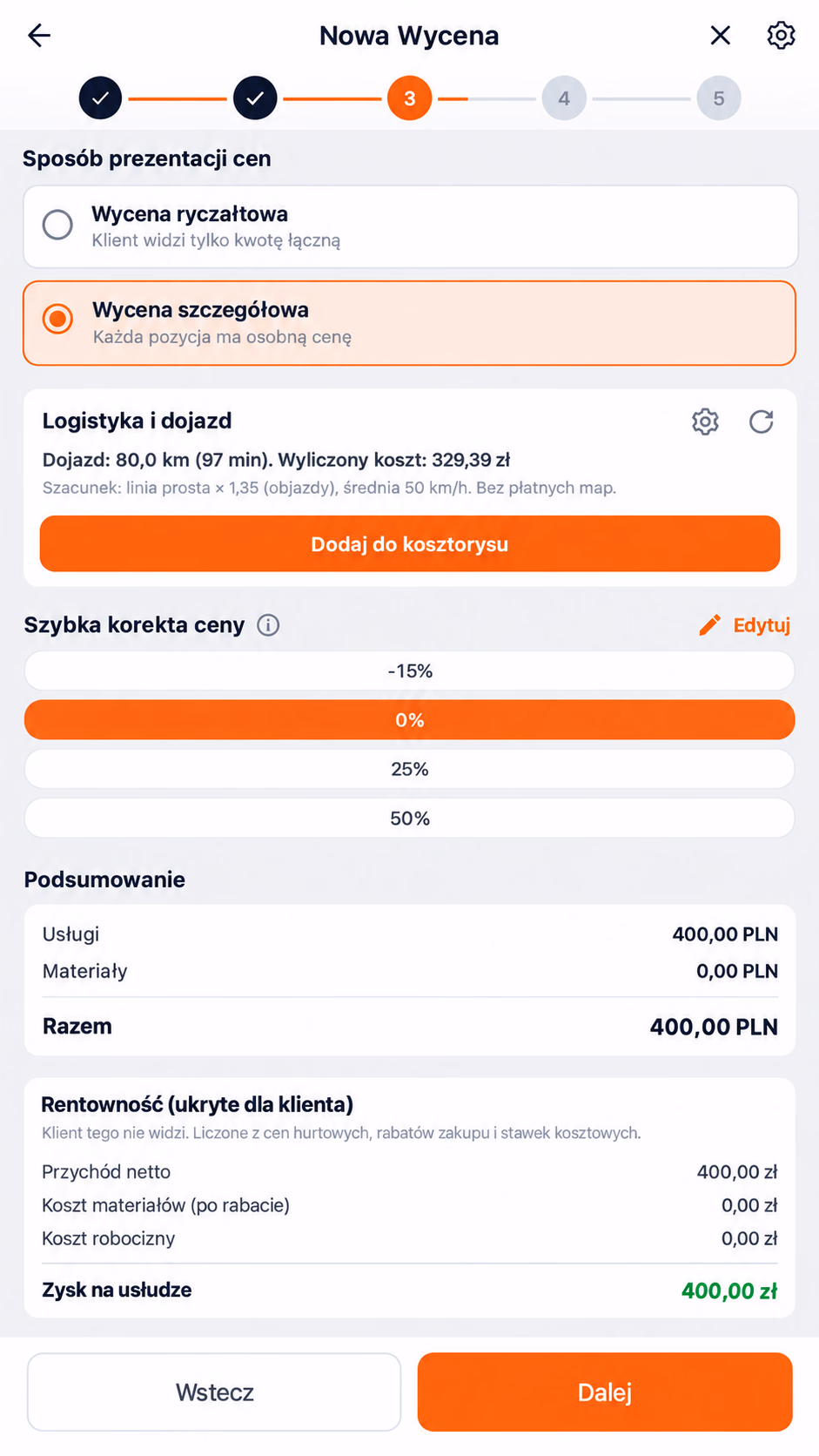 Wycena Pro — ekran nowej wyceny z kosztami dojazdu, podsumowaniem i rentownością
